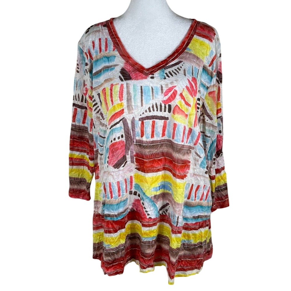 Shana Top Womens L Red Yellow Abstract Geometric Crinkle 3/4 Sleeve Lagenlook